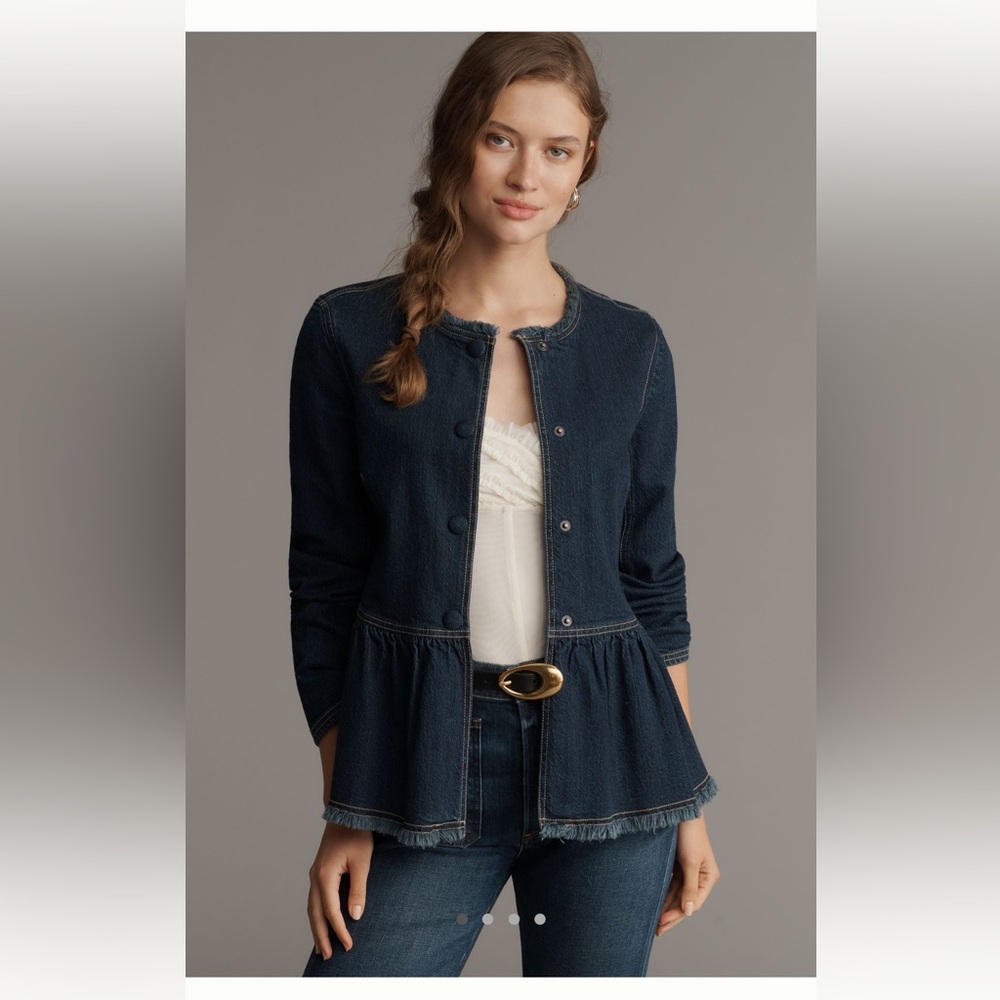 NWT Pilcro Collarless Peplum Dark Blue Denim Jacket with Frayed Hem